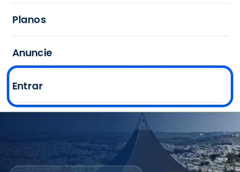 Menu do site aberto no celular, com Entrar contornado