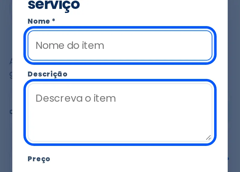 Janela Adicionar produto ou serviço com os campos contornados